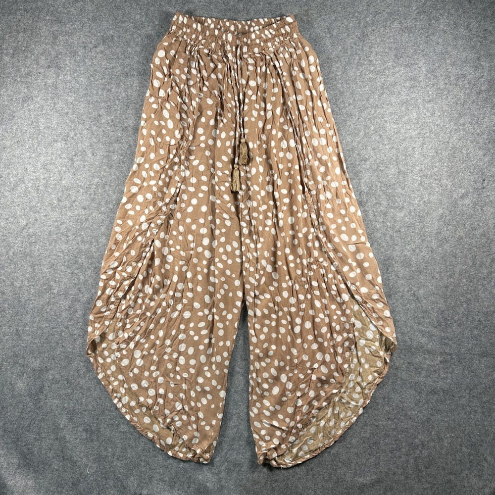Tiare Hawaii Hollie Wide Leg Pants O/S Brown Polka Dot Split Leg Rayon